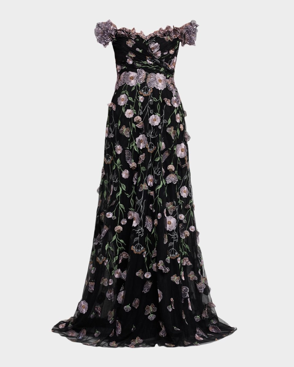 Embroidered Off-Shoulder Tulle Gown